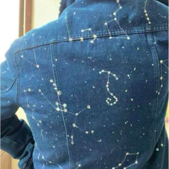 Hand painted silver Astrological Constellation Map on Denim Jean & Sherpa Jacket - Picture 7 of 9